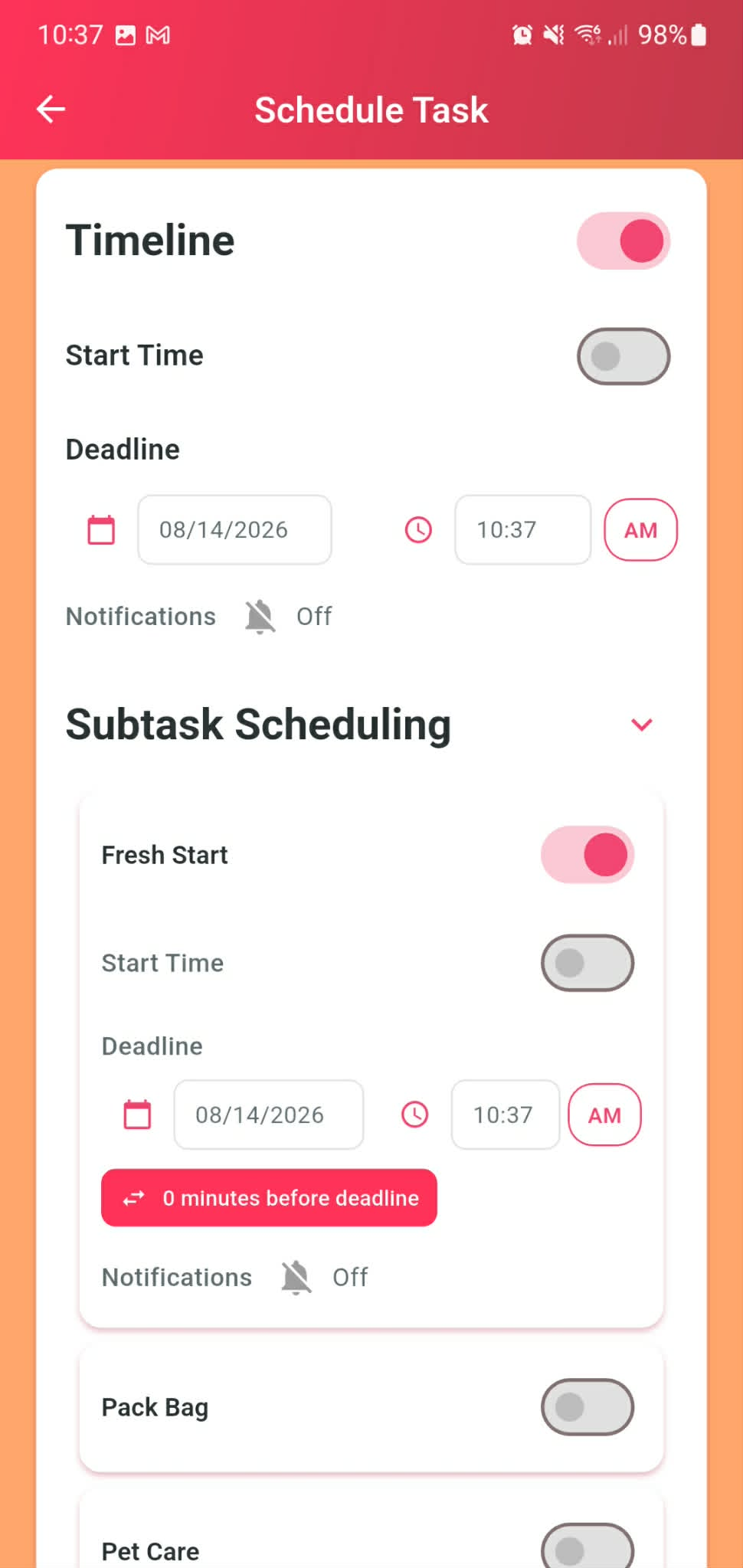 Timeline controls for a task, including start time, deadline and alert type