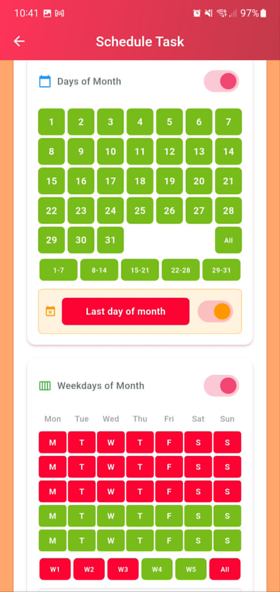 A monthly recurrence rule combining days of the month with weekdays of the month